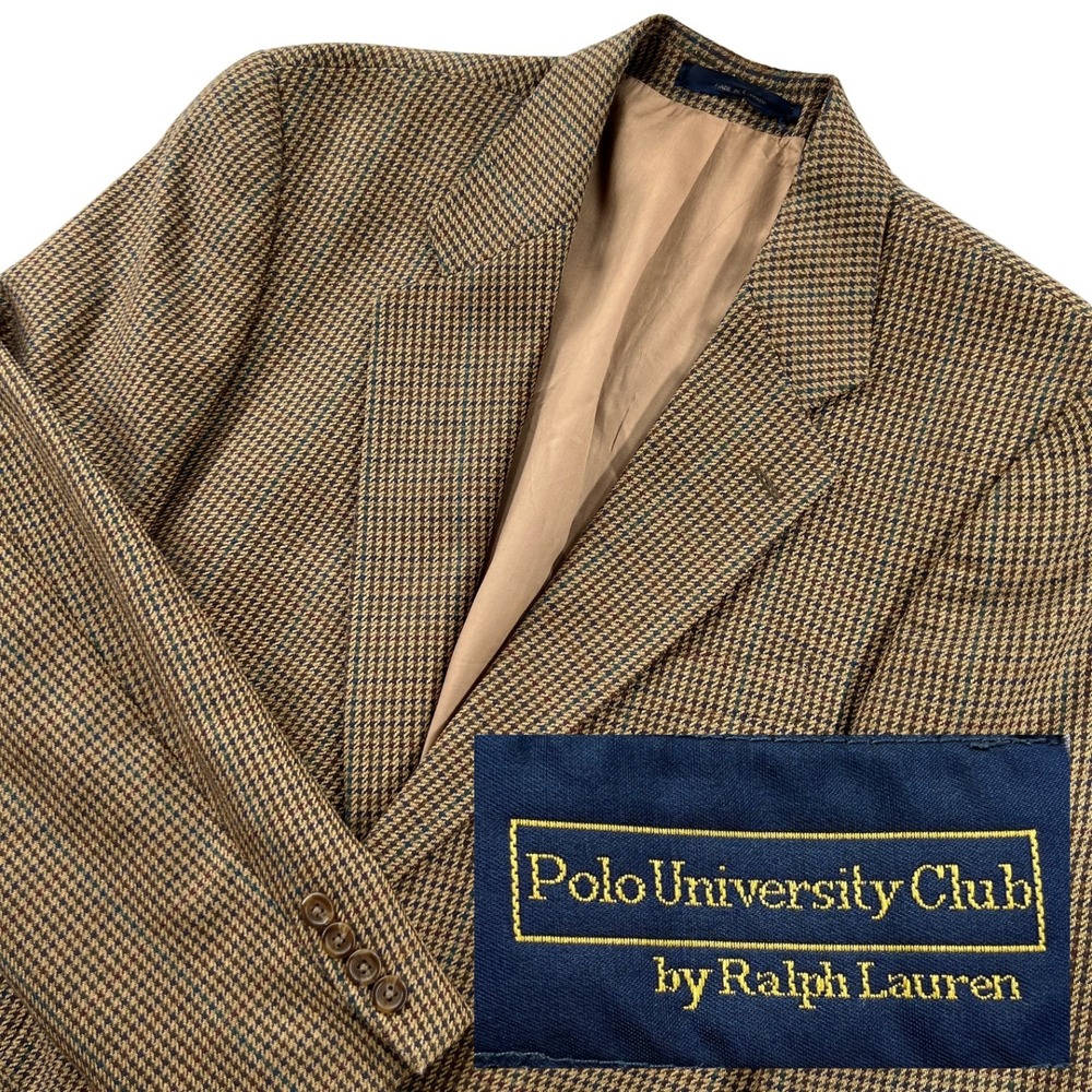 VTG 90s Polo University Club Ralph Lauren Brown Houndstooth Silk Wool Blazer 44R